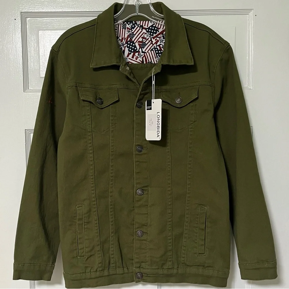 Longbida Casual Classic army green Denim cotton blend slim-fit Trucker Jacket